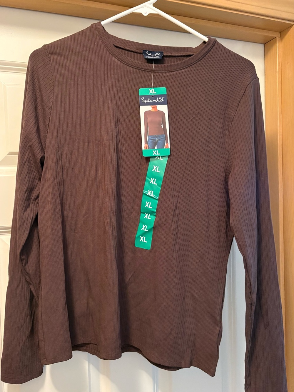 Splendid Womens Rib Classic Long Sleeve Crew Neck Tee, Brown, XL